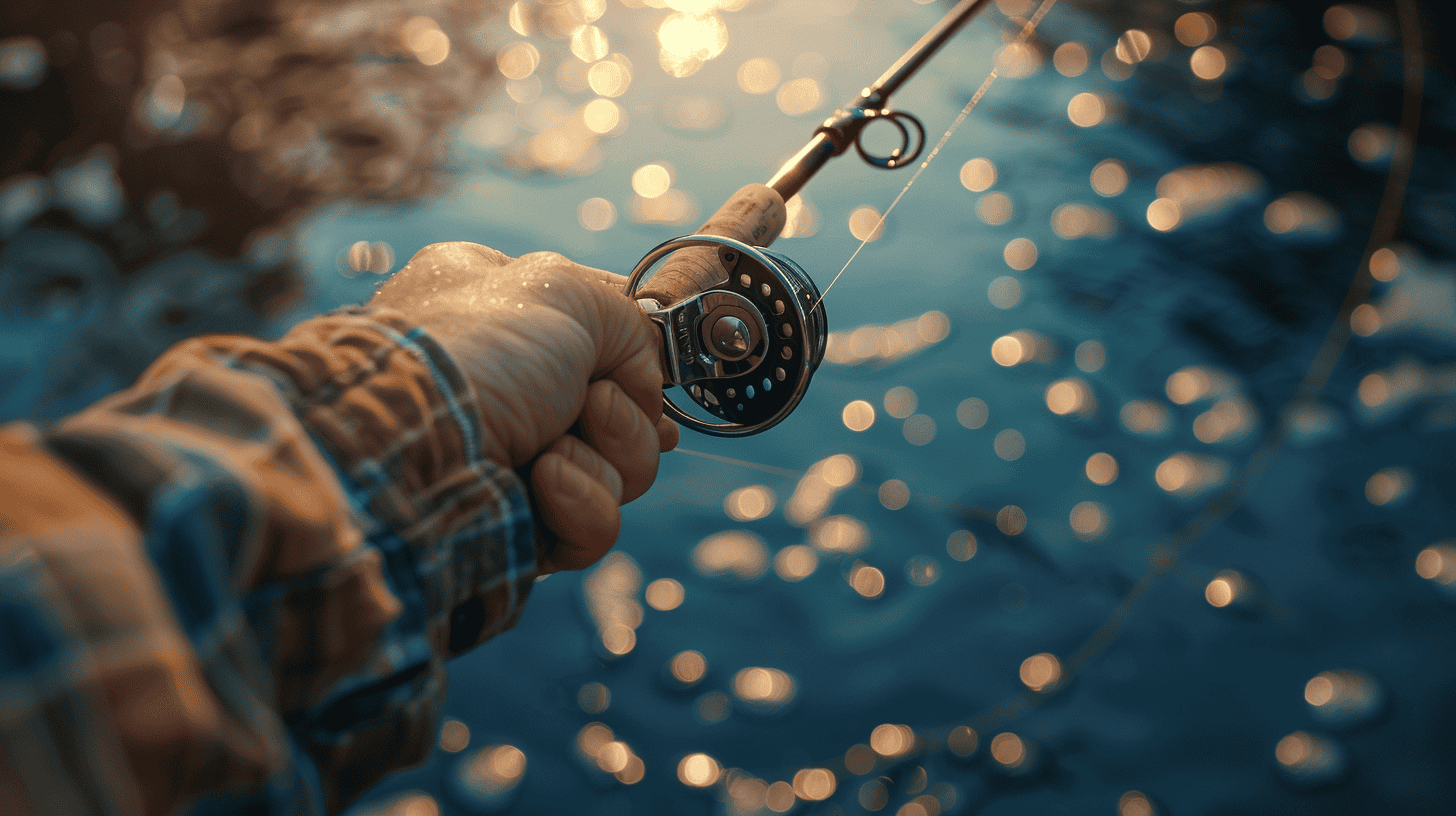 Close-up of a man holding a fly fishing rod on a boat in Crystal River, FL, guided by Salt River Outfitters.