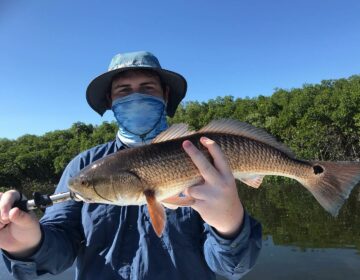 Man holding up a fish while on a fishing charter with Salt River Outfitters in Crystal River, FL.