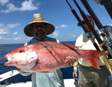 Angler holding a large red snapper on a fishing trip in Crystal River, FL, with a backdrop of clear blue skies and calm waters.