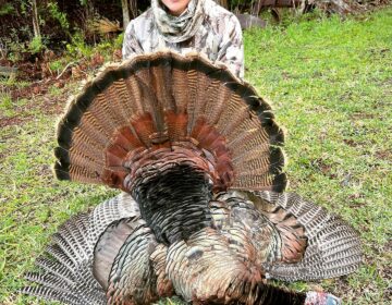 Hunter holding up a prize turkey she caught while on a hunting trip with Salt River Outfitters.
