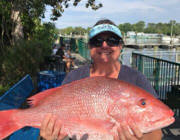 A smiling woman wearing sunglasses and a blue visor holds a large, freshly caught red snapper fish while standing on a dock with boats and greenery in the background.